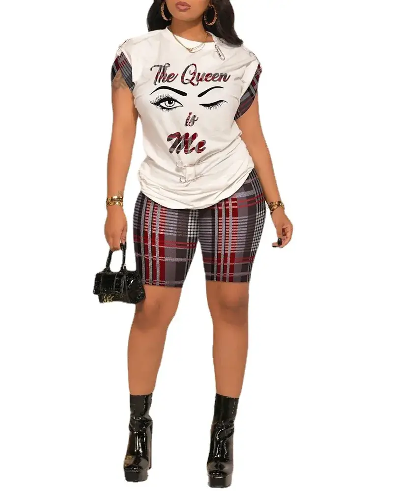 Women 2024 Camo Print Shorts Set with "NOPE" Text