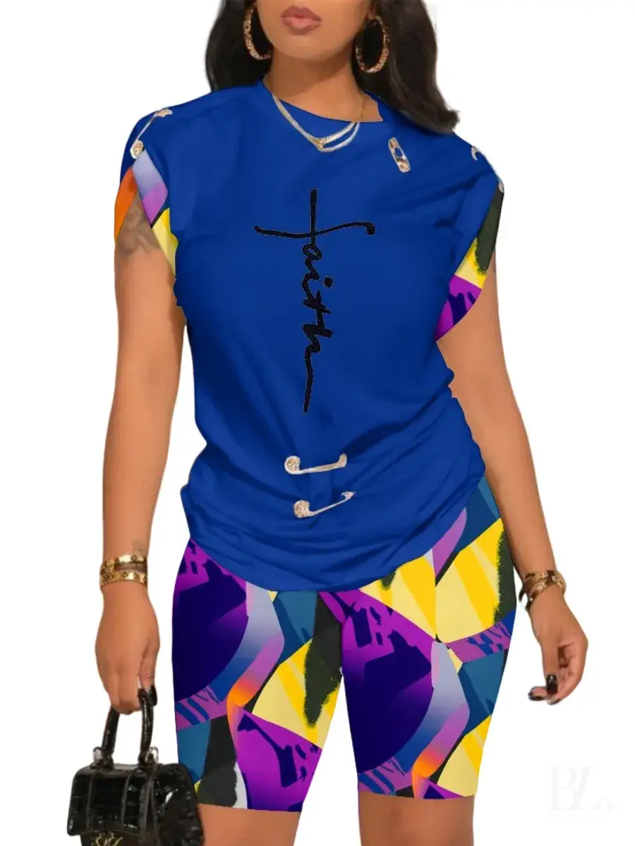 Women 2024 Camo Print Shorts Set with "NOPE" Text