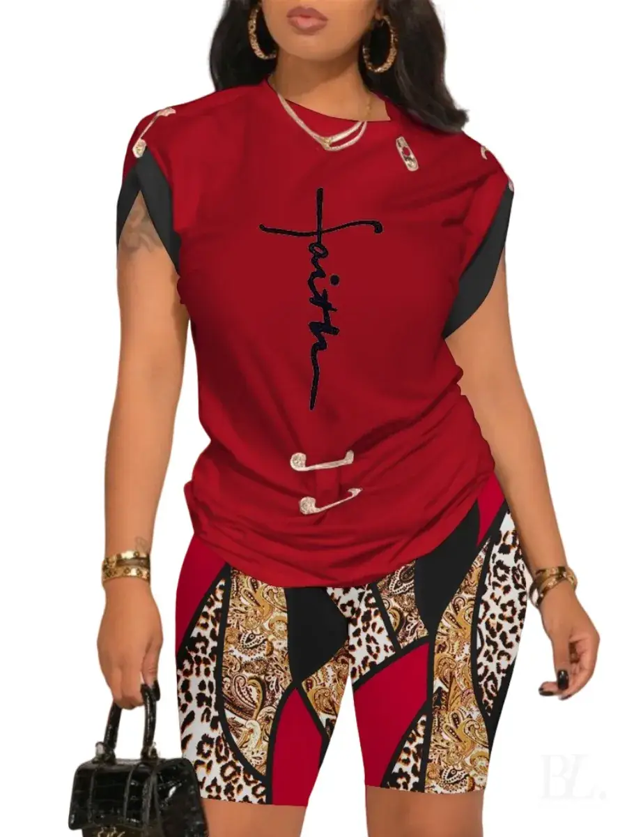 Women 2024 Camo Print Shorts Set with "NOPE" Text