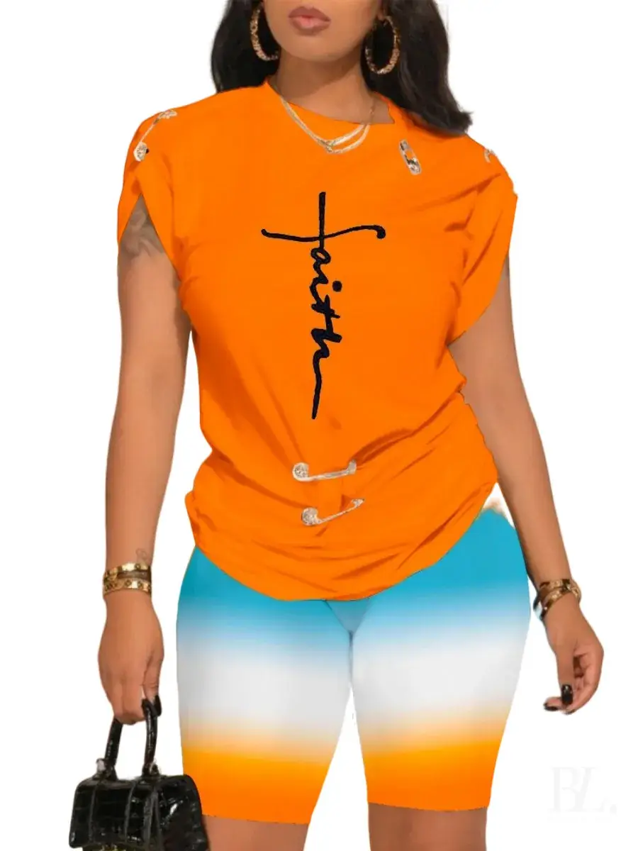 Women 2024 Camo Print Shorts Set with "NOPE" Text