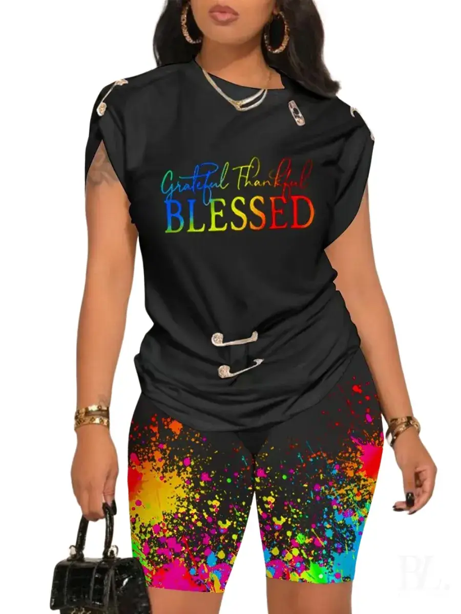 Women 2024 Camo Print Shorts Set with "NOPE" Text