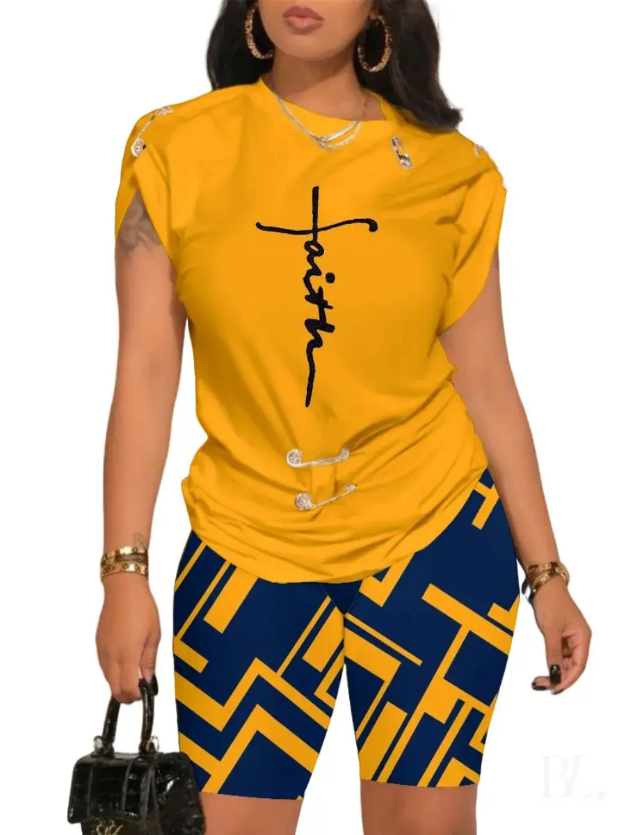 Women 2024 Camo Print Shorts Set with "NOPE" Text