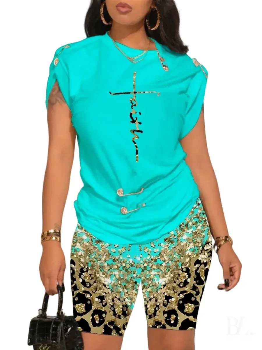 Women 2024 Camo Print Shorts Set with "NOPE" Text