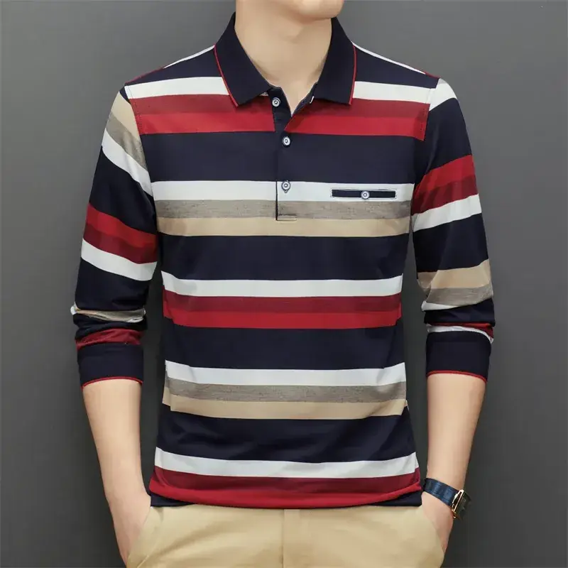 Middle-aged Striped Polo Shirt Navy Beige Menswear