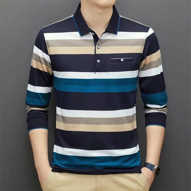 Middle-aged Striped Polo Shirt Navy Beige Menswear