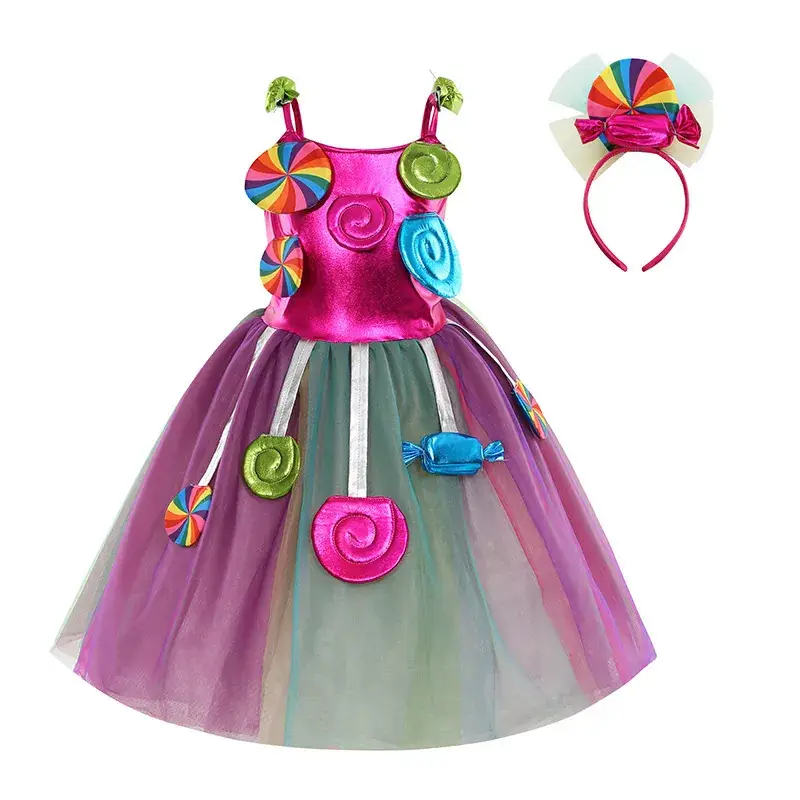 Kids Multi Color Tulle Candy Dress with Headband - Image 13