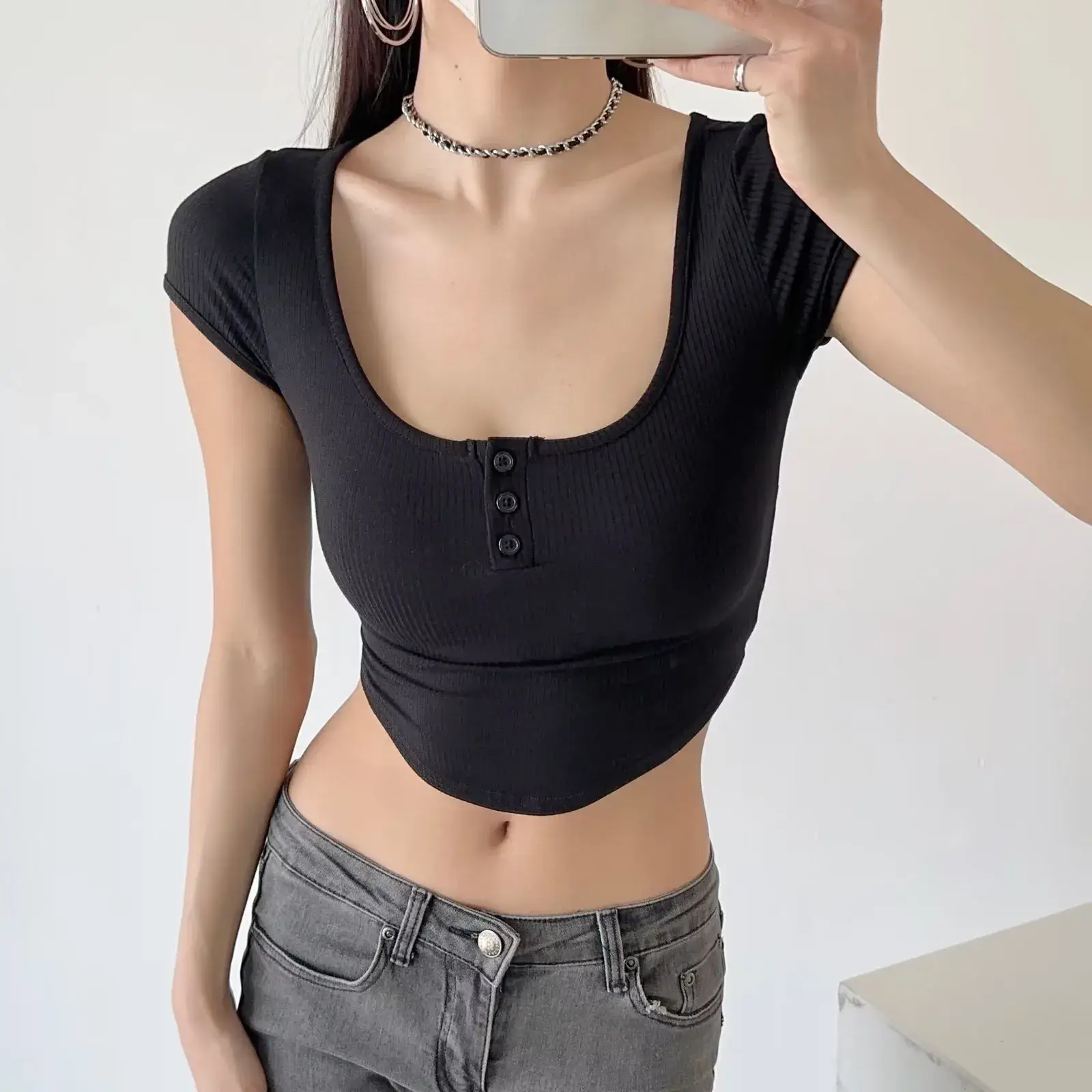 Women Grey Three Button Hedge T-Shirt Summer 2023 - Image 8