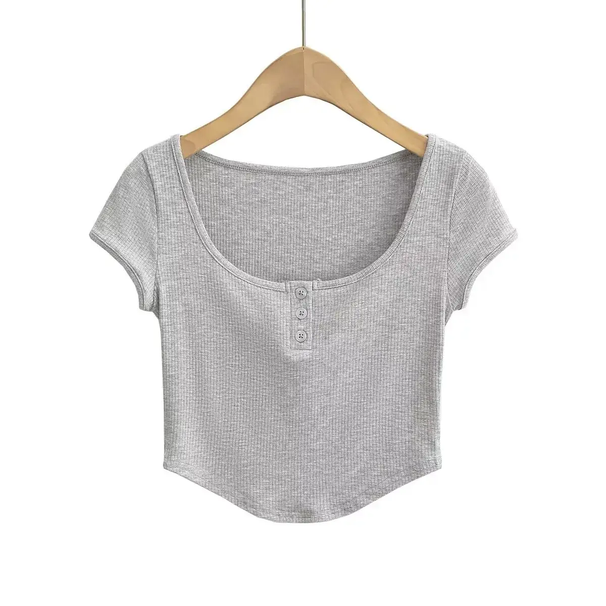 Women Grey Three Button Hedge T-Shirt Summer 2023 - Image 3