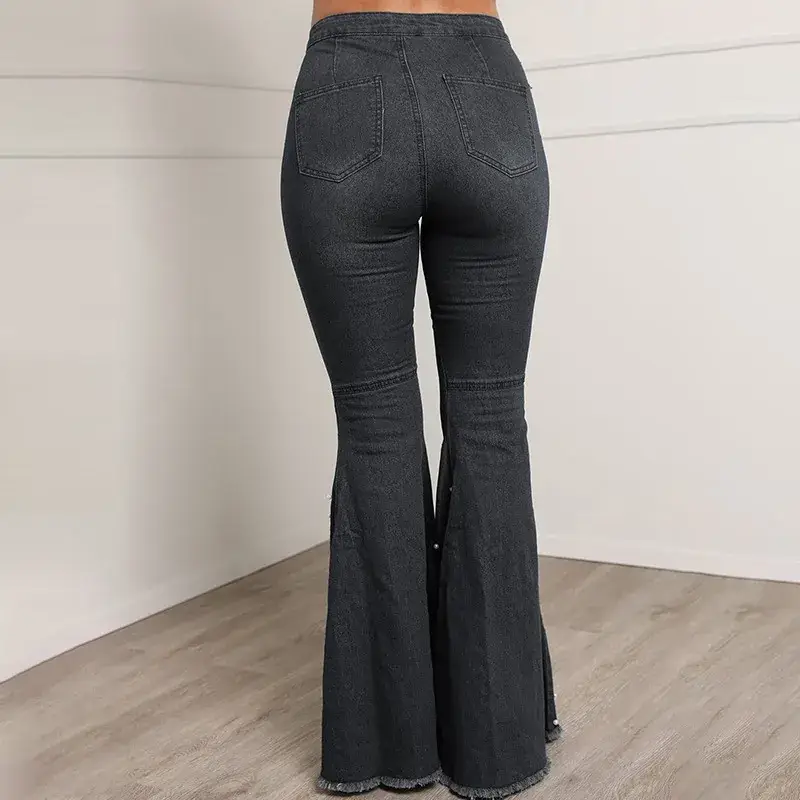 High Waist Elastic Slim Jeans with Beaded Flare
