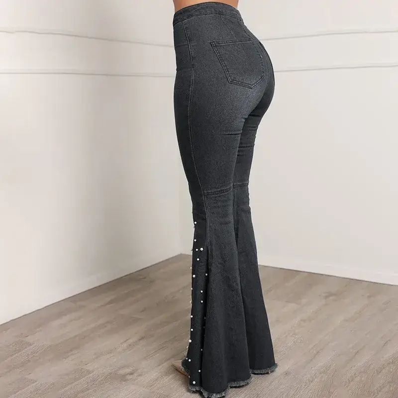High Waist Elastic Slim Jeans with Beaded Flare