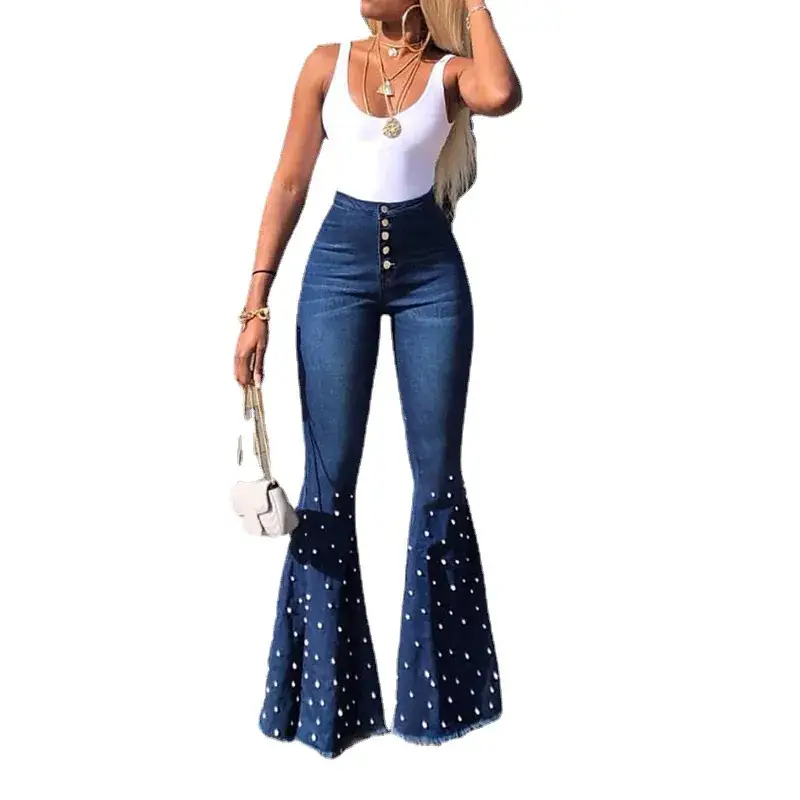 High Waist Elastic Slim Jeans with Beaded Flare