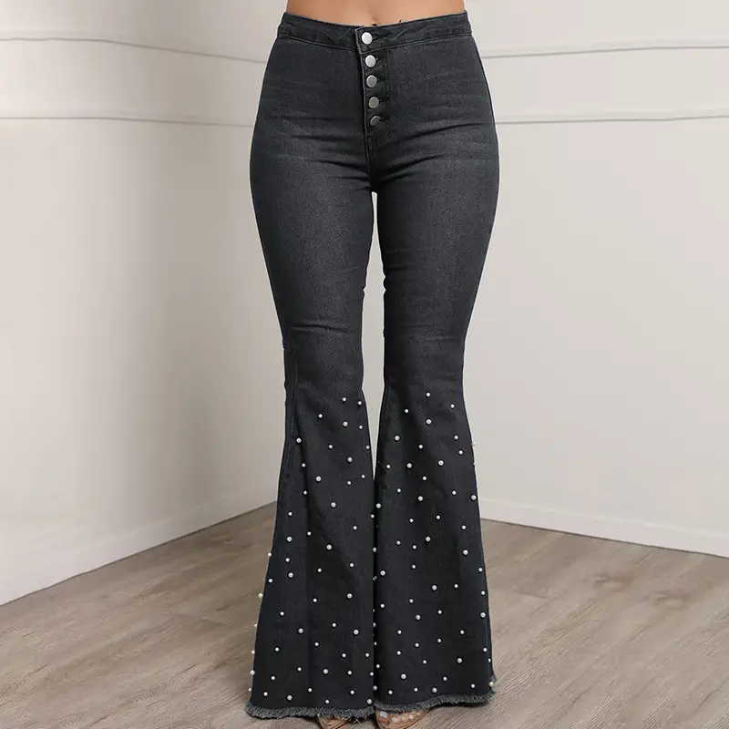 High Waist Elastic Slim Jeans with Beaded Flare — feature 3