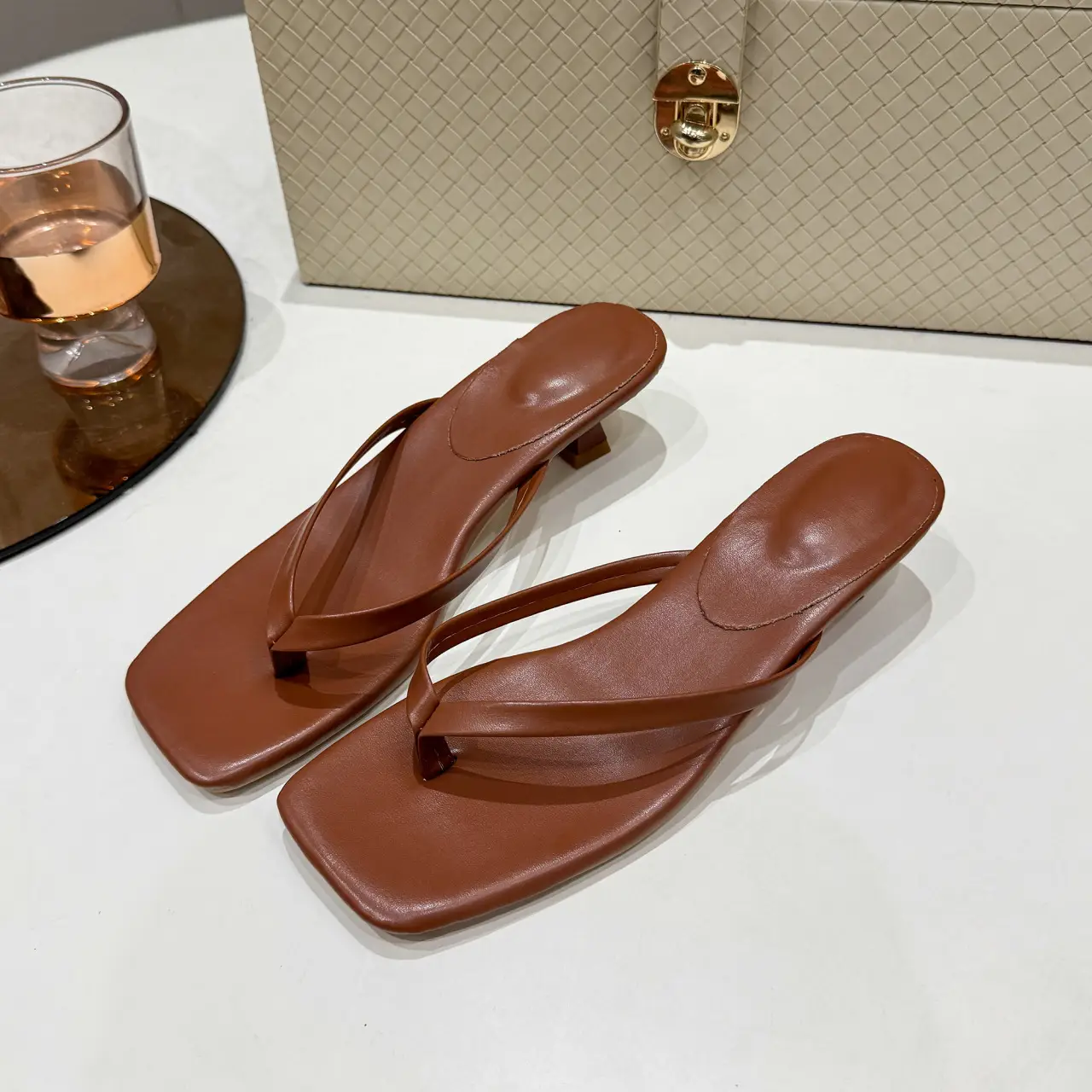Women's Brown Flat Heel Flip Flops Summer Wear