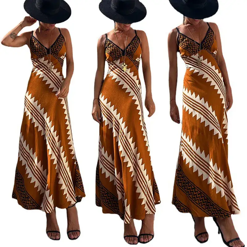 V-Neck Silk Printed Pencil Skirt Dress Brown - Image 2