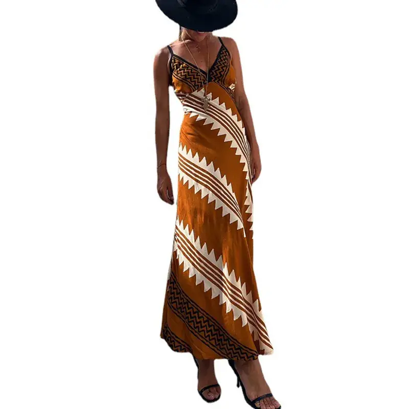 V-Neck Silk Printed Pencil Skirt Dress Brown - Image 3
