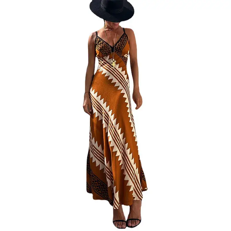 V-Neck Silk Printed Pencil Skirt Dress Brown - Image 4
