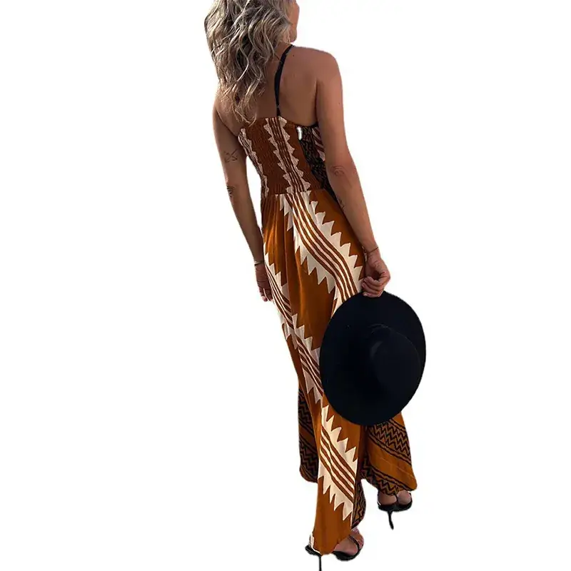 V-Neck Silk Printed Pencil Skirt Dress Brown - Image 5