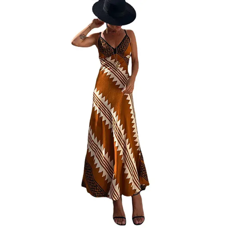 V-Neck Silk Printed Pencil Skirt Dress Brown - Image 6