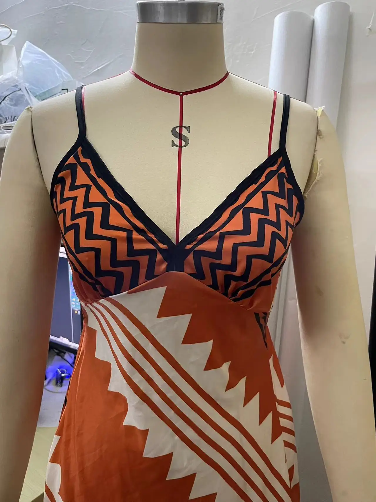 V-Neck Silk Printed Pencil Skirt Dress Brown — feature 11