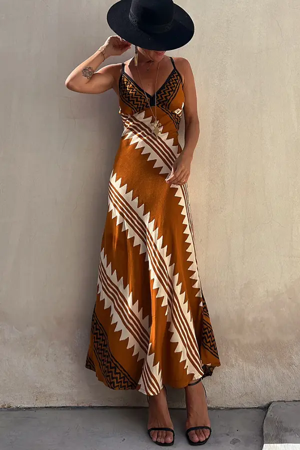 V-Neck Silk Printed Pencil Skirt Dress Brown — feature 3