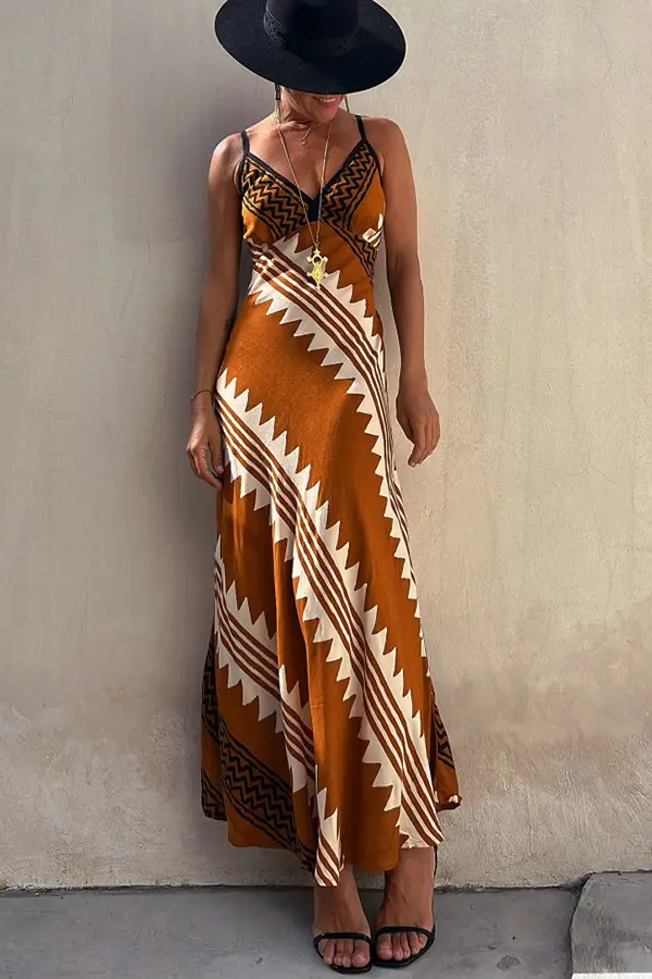 V-Neck Silk Printed Pencil Skirt Dress Brown — feature 4