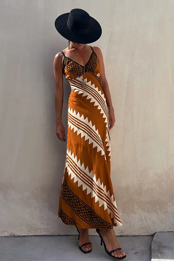 V-Neck Silk Printed Pencil Skirt Dress Brown — feature 5