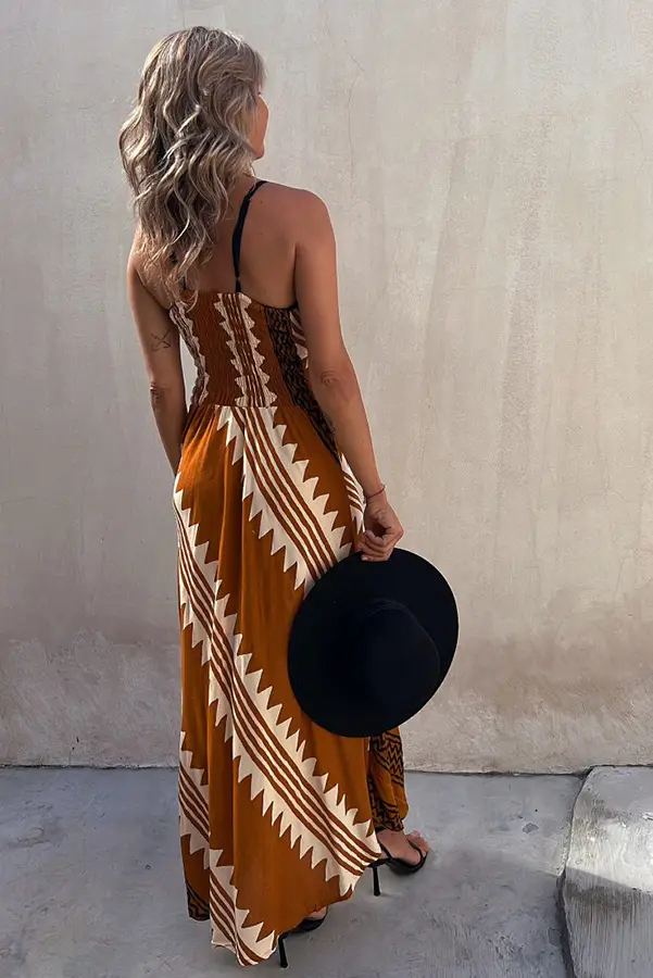 V-Neck Silk Printed Pencil Skirt Dress Brown — feature 6