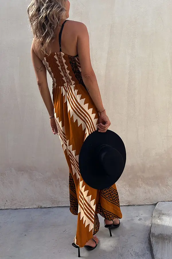 V-Neck Silk Printed Pencil Skirt Dress Brown — feature 7