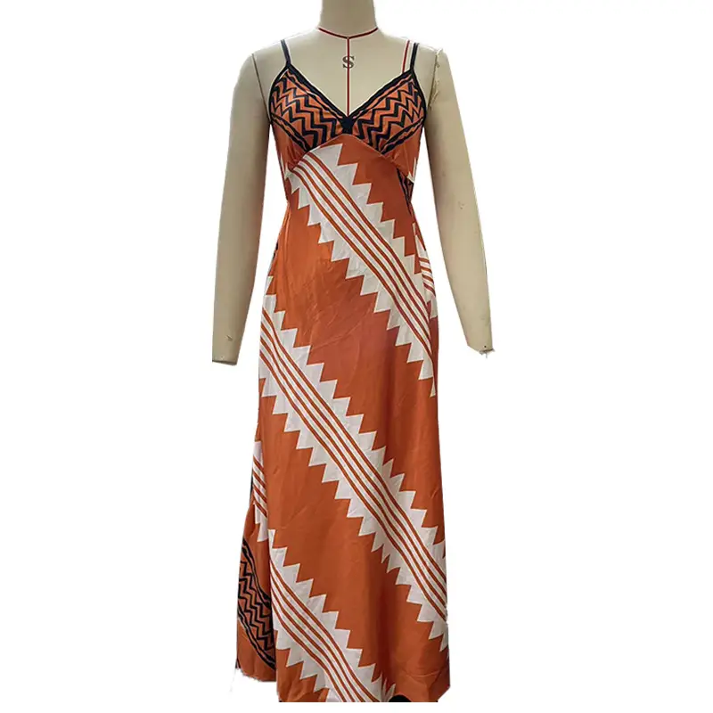 V-Neck Silk Printed Pencil Skirt Dress Brown — feature 9