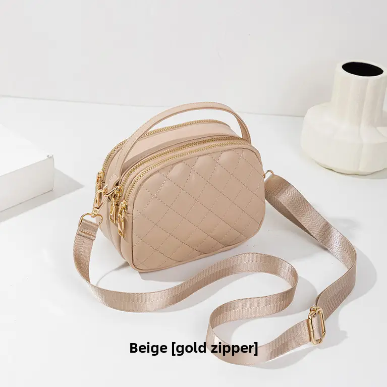 Women's Quilted Shoulder Bag Beige Gold Zip - Image 3