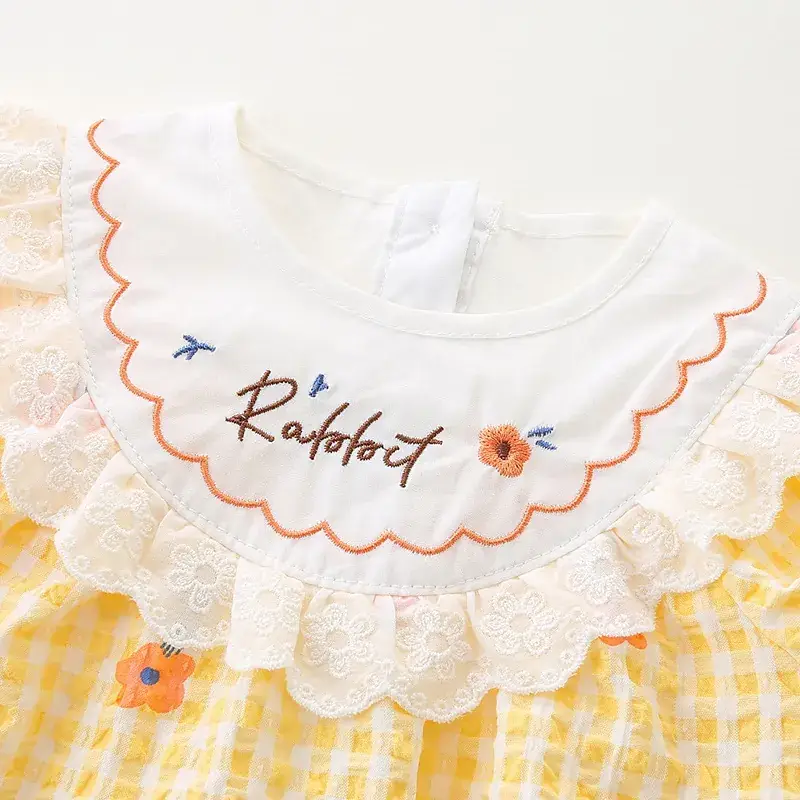 Girls' Yellow Plaid Newborn Jumpsuit with Bow Hat - Image 3