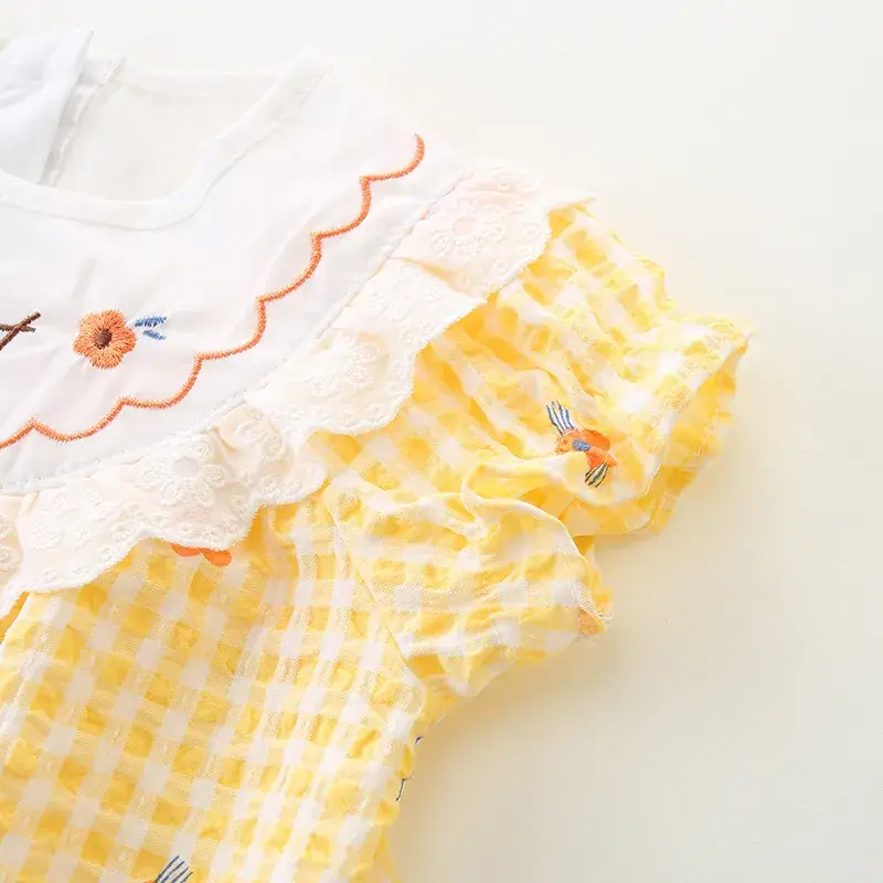 Girls' Yellow Plaid Newborn Jumpsuit with Bow Hat - Image 4