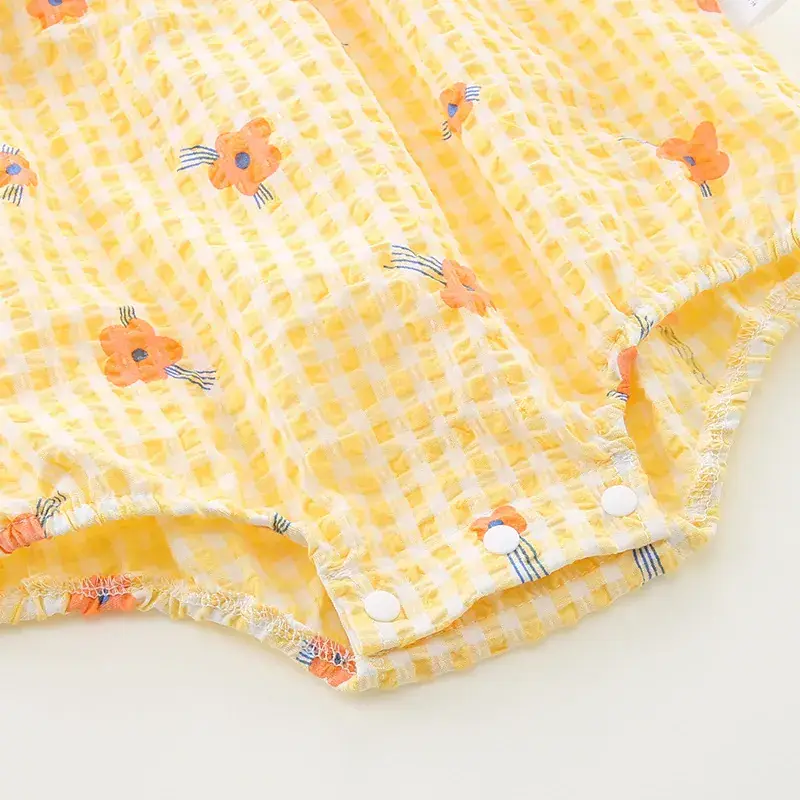 Girls' Yellow Plaid Newborn Jumpsuit with Bow Hat - Image 5