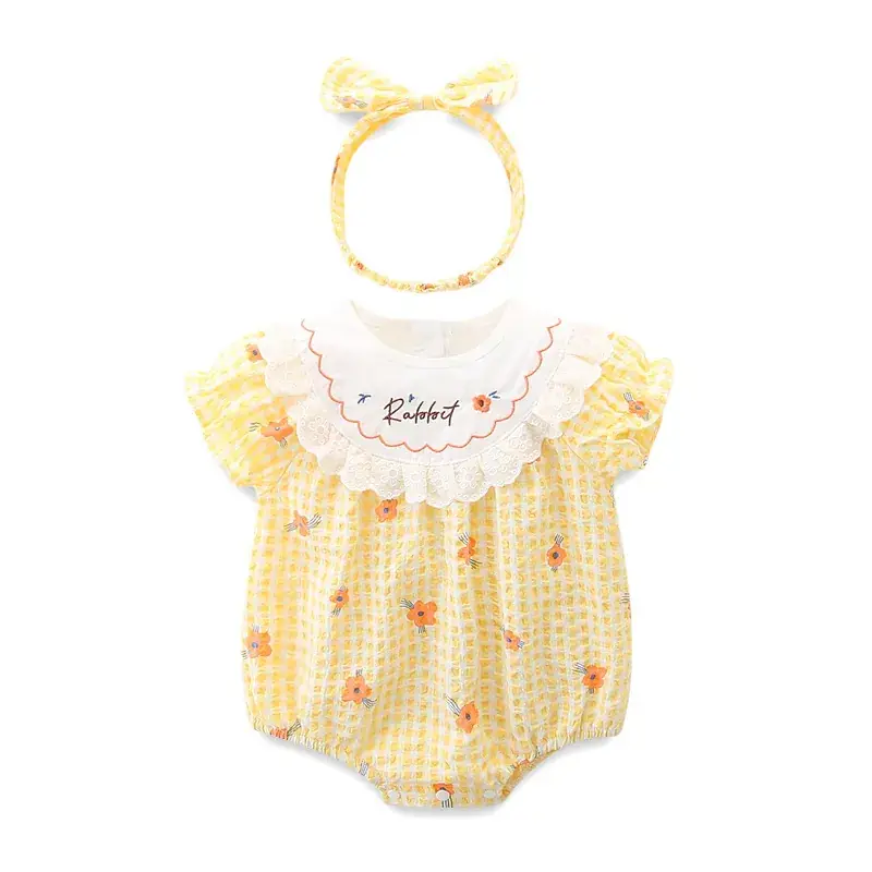 Girls' Yellow Plaid Newborn Jumpsuit with Bow Hat - Image 6