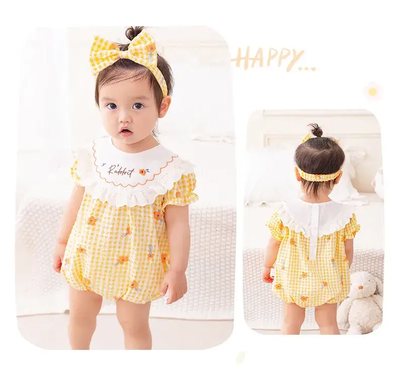 Girls' Yellow Plaid Newborn Jumpsuit with Bow Hat — feature 10
