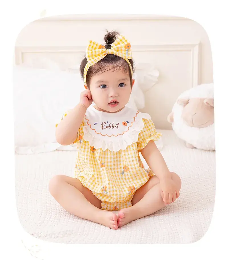 Girls' Yellow Plaid Newborn Jumpsuit with Bow Hat — feature 11