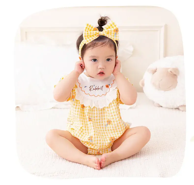 Girls' Yellow Plaid Newborn Jumpsuit with Bow Hat — feature 12