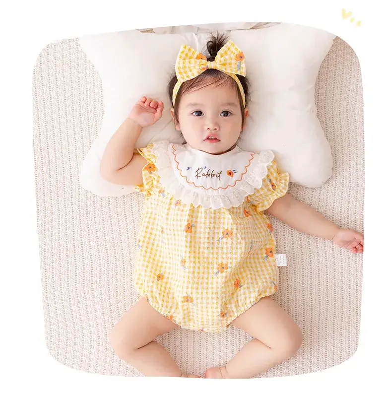 Girls' Yellow Plaid Newborn Jumpsuit with Bow Hat — feature 13