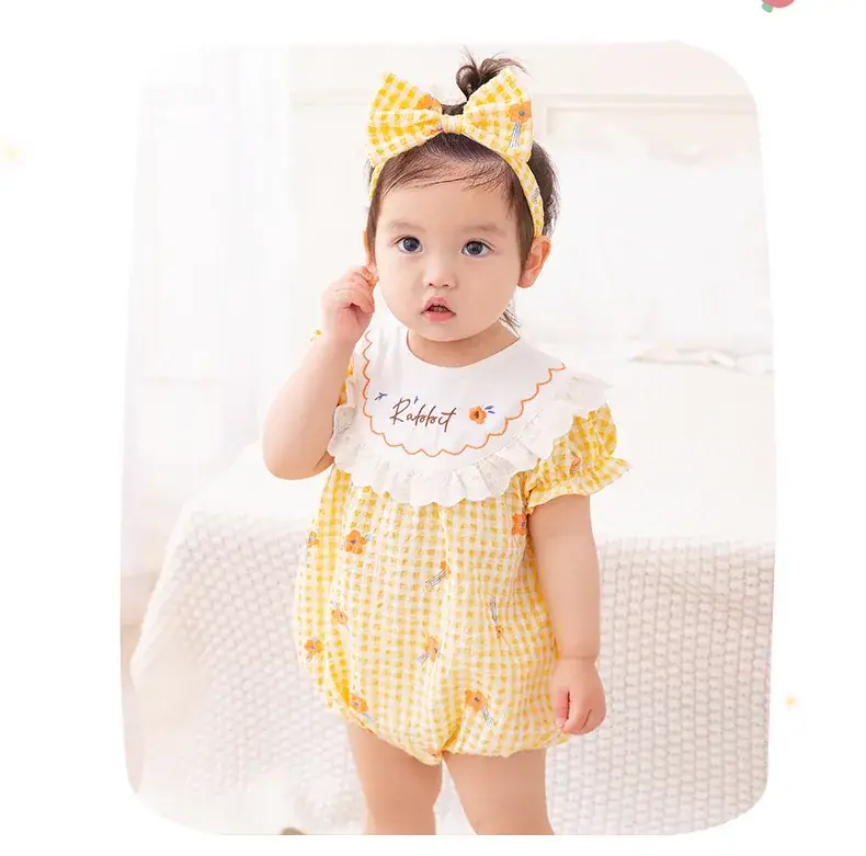 Girls' Yellow Plaid Newborn Jumpsuit with Bow Hat — feature 9