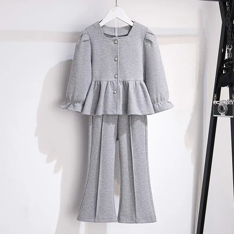 Girls Grey Flared Button Top Suit Spring - Image 2