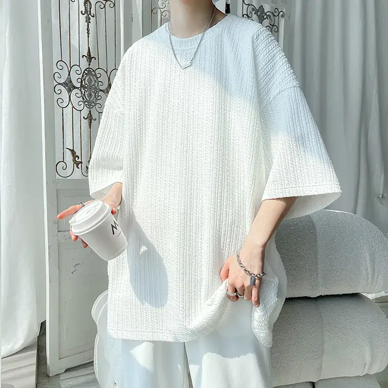 Men White Japanese Trendy 7-Sleeve T-Shirt