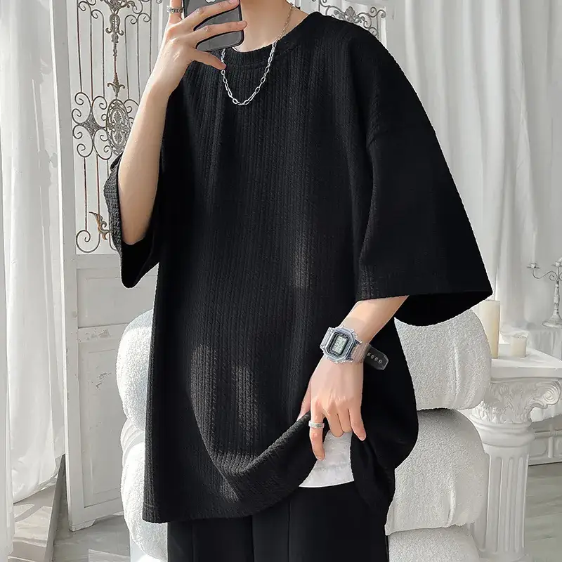 Men White Japanese Trendy 7-Sleeve T-Shirt