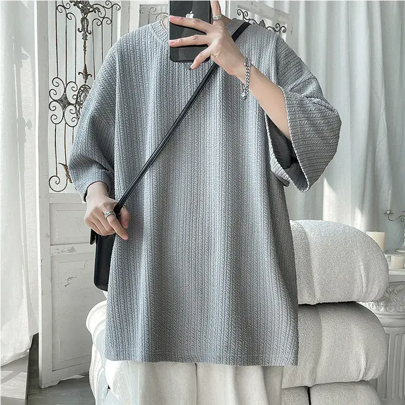 Men White Japanese Trendy 7-Sleeve T-Shirt