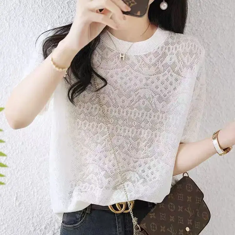 Women White Ice Silk Short Sleeve Sweater Top - Image 3