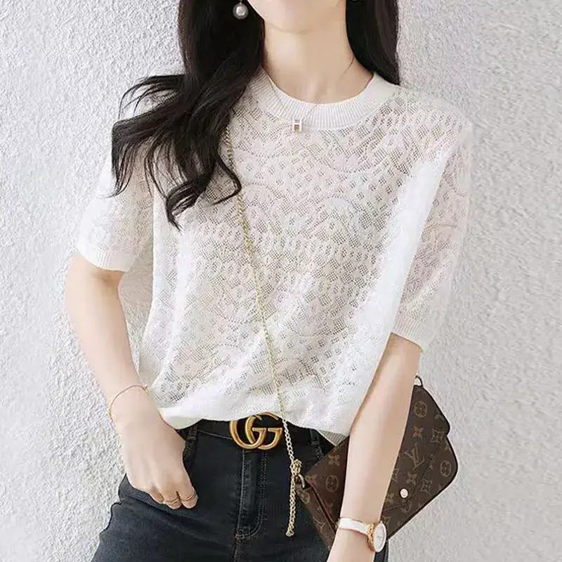 Women White Ice Silk Short Sleeve Sweater Top - Image 4