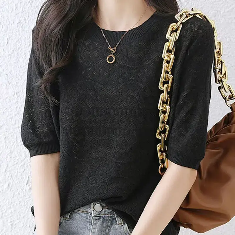 Women White Ice Silk Short Sleeve Sweater Top - Image 5