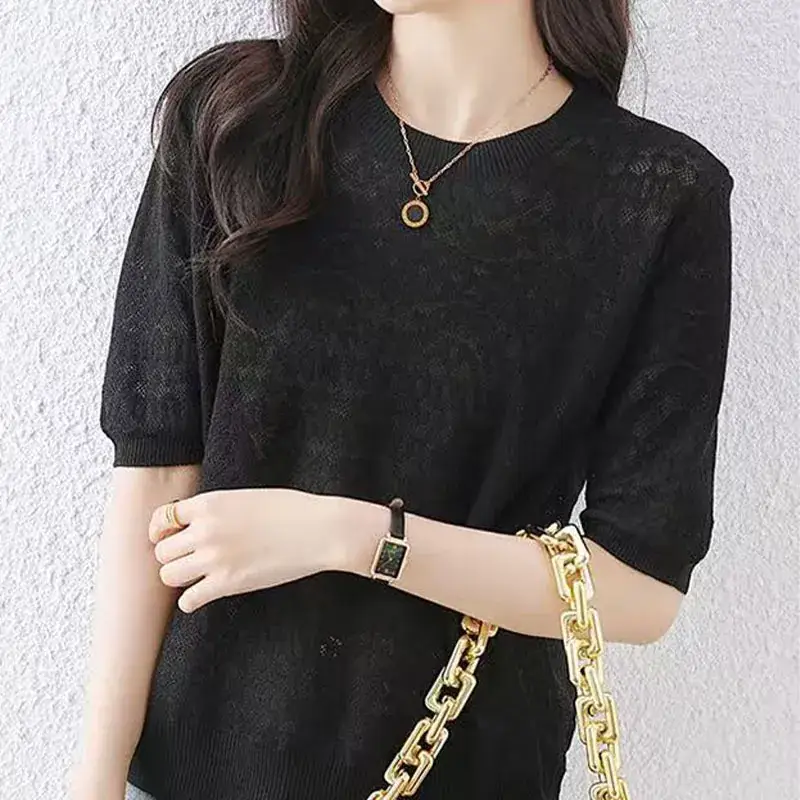 Women White Ice Silk Short Sleeve Sweater Top - Image 6