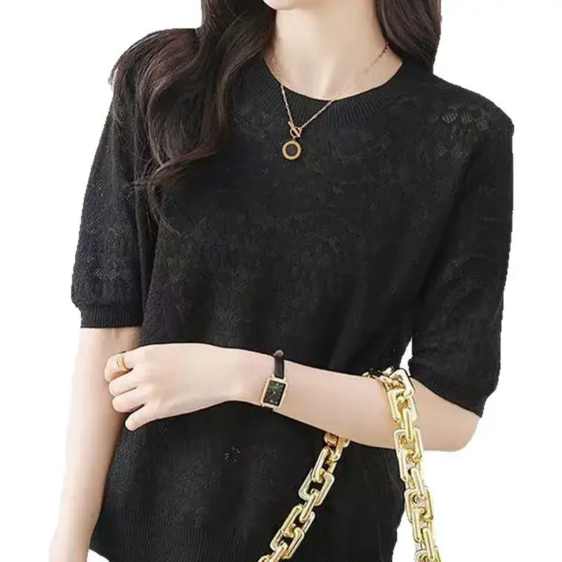 Women White Ice Silk Short Sleeve Sweater Top - Image 7