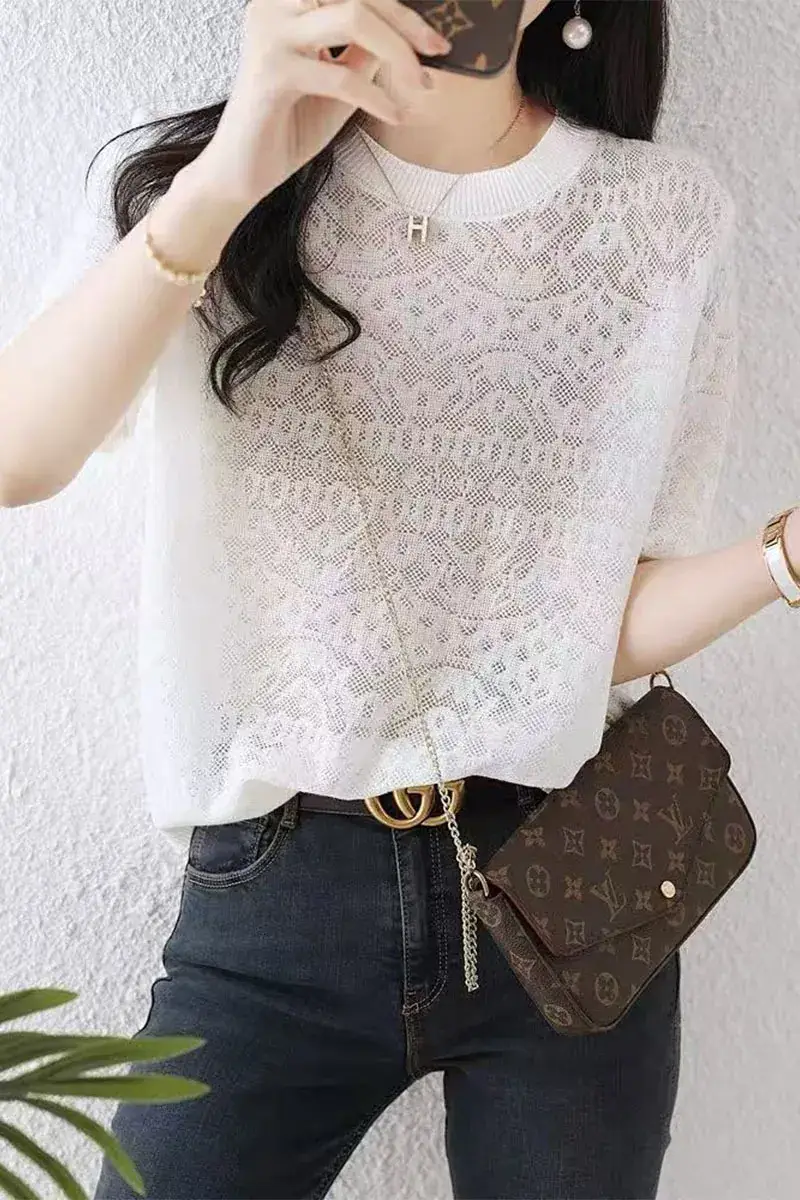 Women White Ice Silk Short Sleeve Sweater Top — feature 1