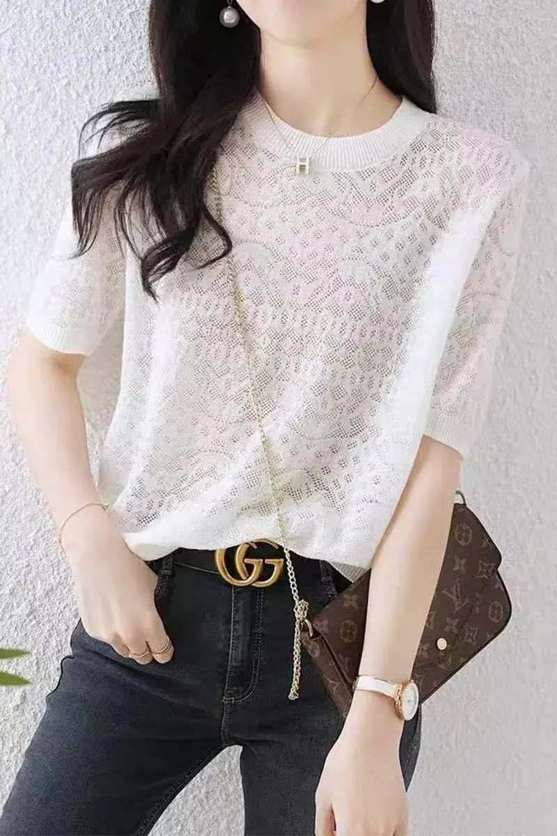 Women White Ice Silk Short Sleeve Sweater Top — feature 2